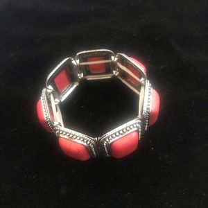 ALI-KHAN Silver & Red Chunky Cuff Bracelet